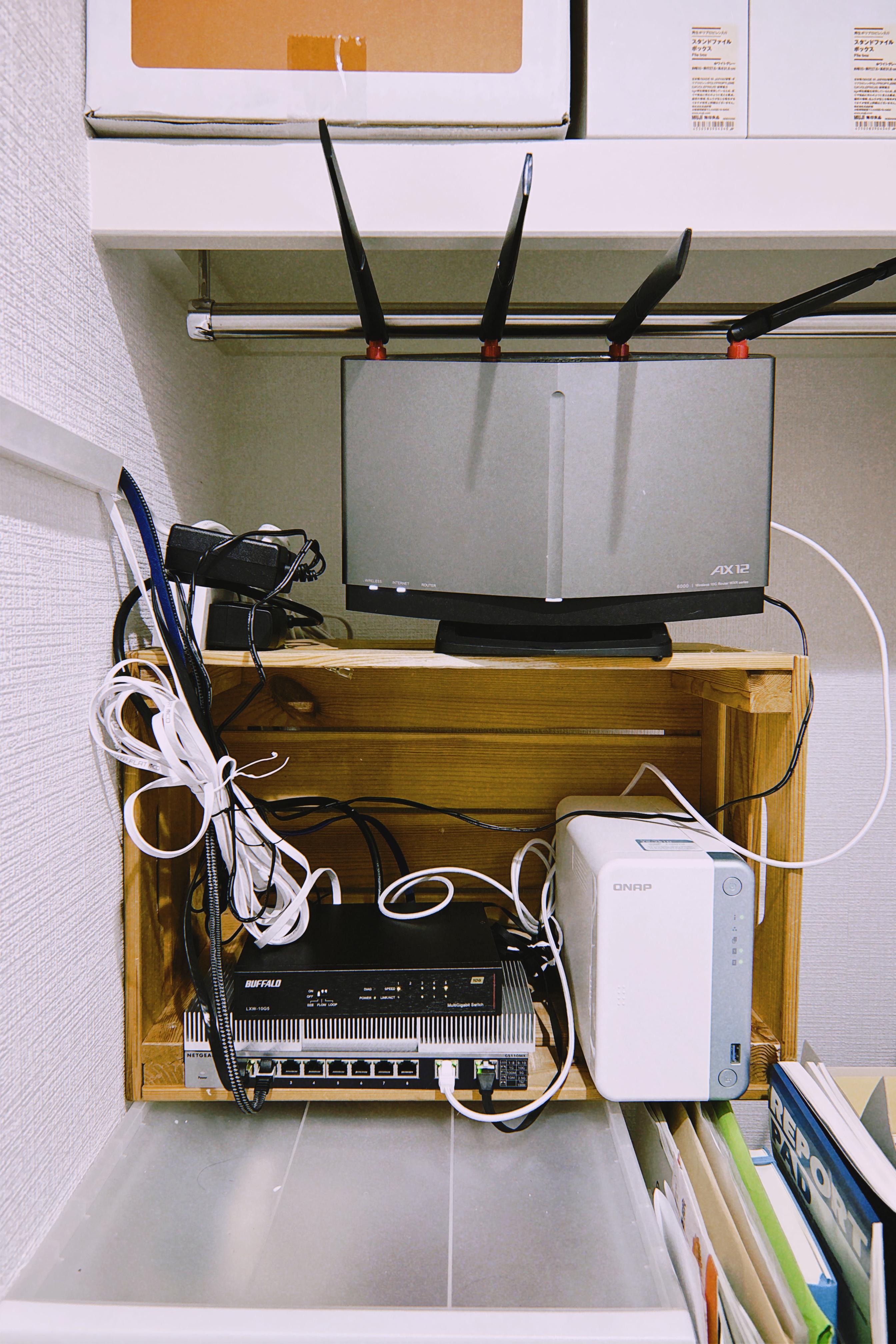 2Fのネットワーク機器まとめ。WXR-6000AX12S、LXW-10G5、GS110MX、QNAP TS-251D