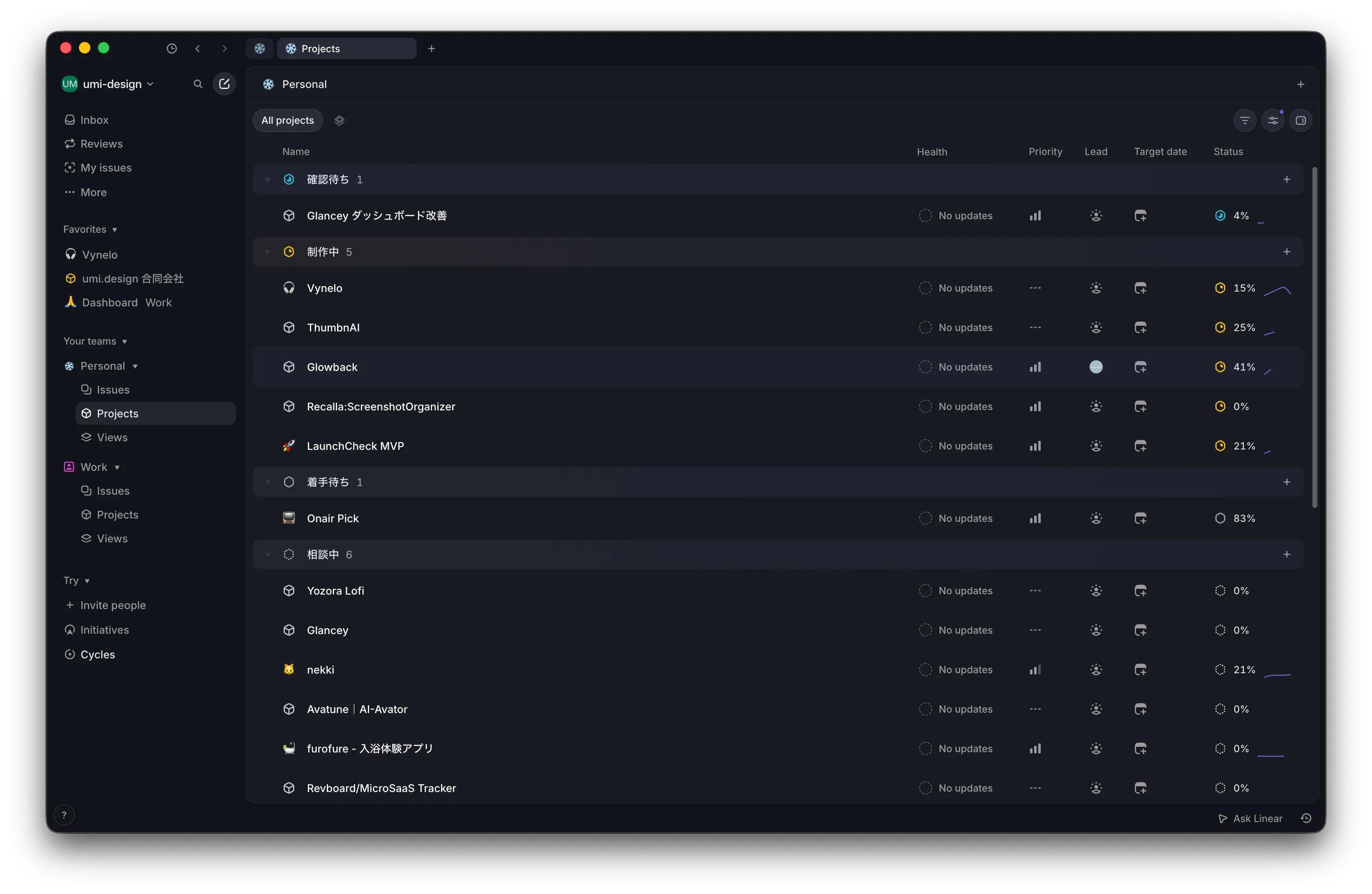 Linearのプロジェクトボード